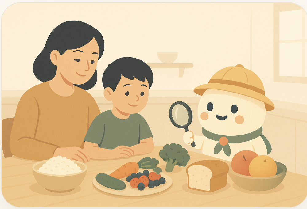 A parent and child at the kitchen table with Gigi the gluten-free explorer inspecting safe foods